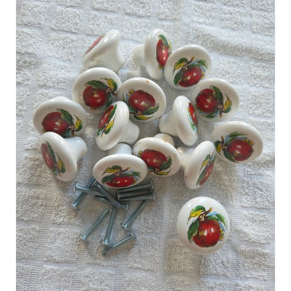 Vintage Ceramic Apple Drawer Knobs Set of 15 White Porcelain Cabinet Pulls
